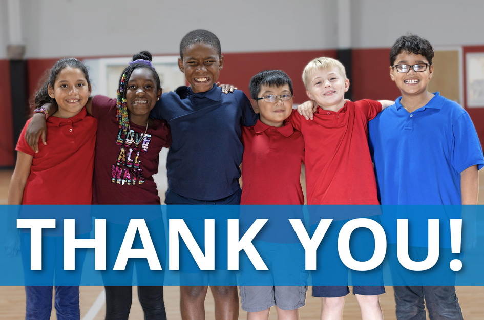 Six elementary school-aged children who attend Boys & Girls Clubs of the Suncoast, including two girls and three boys, stand with their arms around each other in blue and red shirts, looking at the camera, smiling