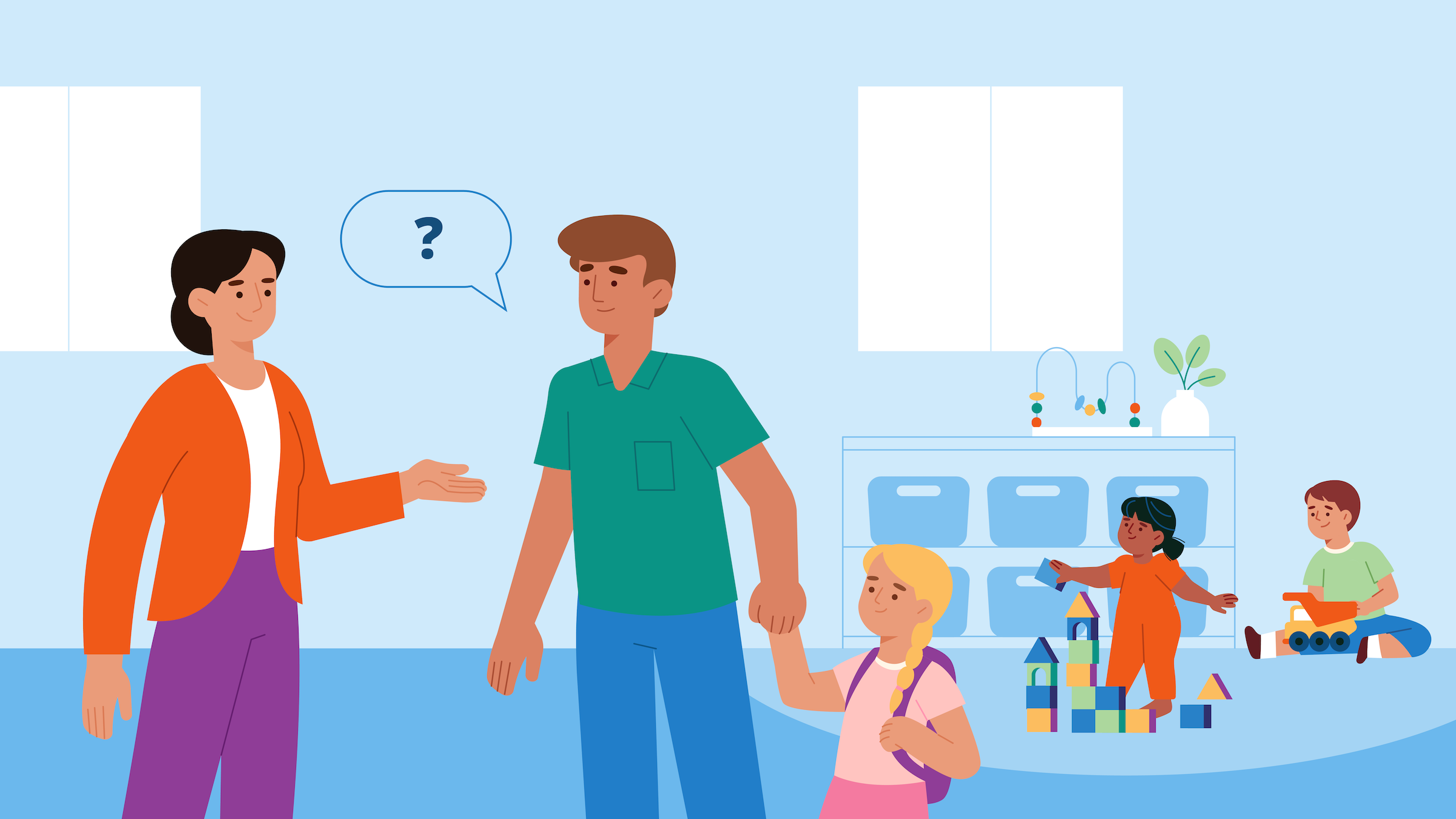 Illustrated scene of a parent talking with a staff member at an after-school care provider