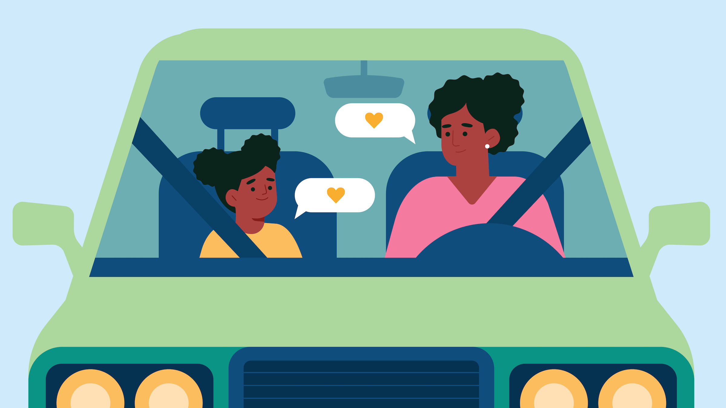 Illustrated scene of a parent and child having a caring conversation while in a vehicle