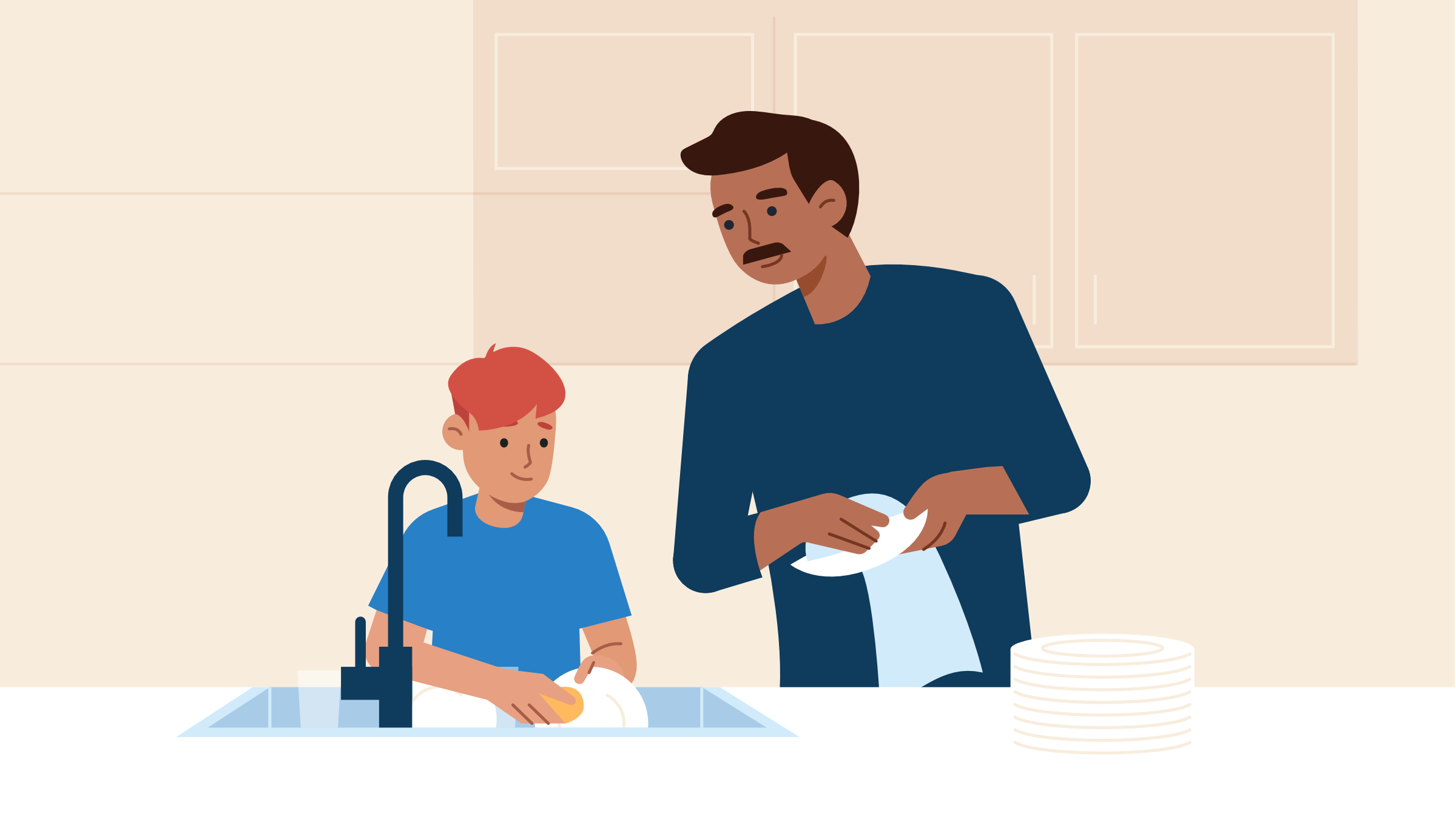 Illustrated scene of a parent and child having a conversation while washing dishes