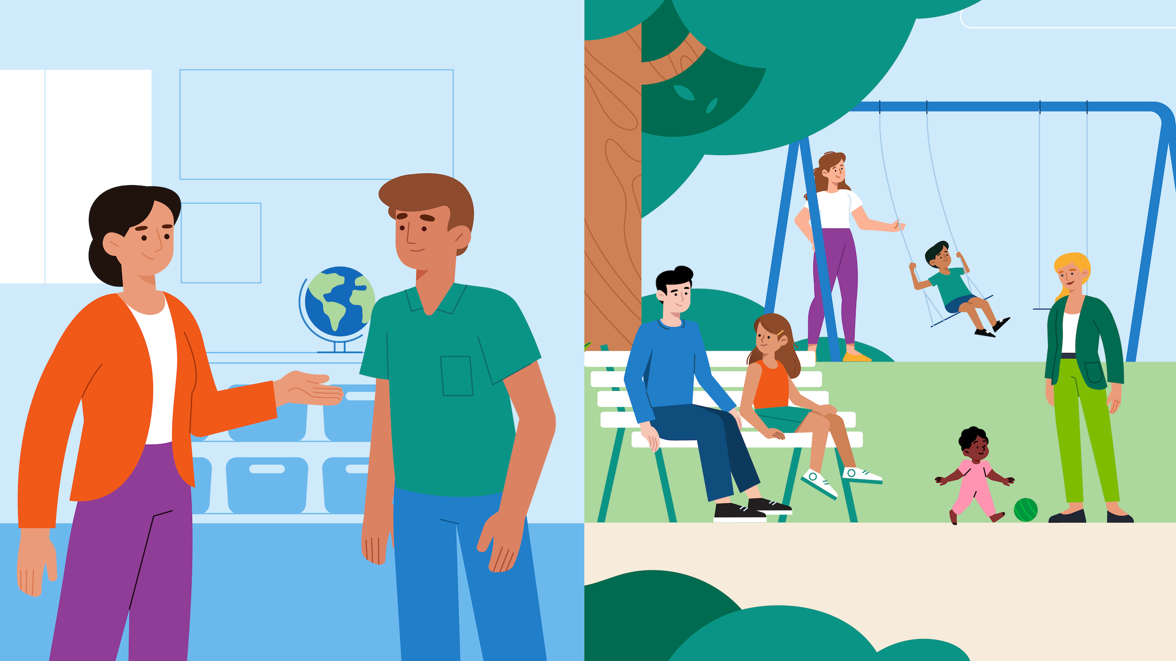 Two illustrated scenes showing adults and children interacting happily in a classroom and a park setting