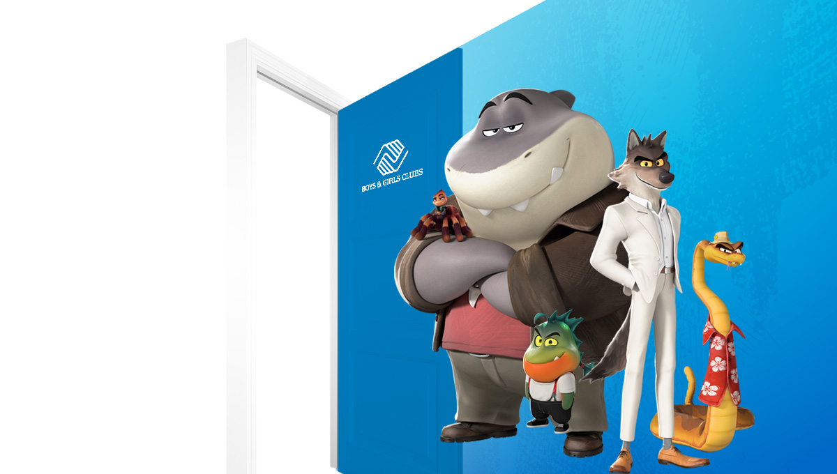 The Bad Guys in front of the BGC Blue door