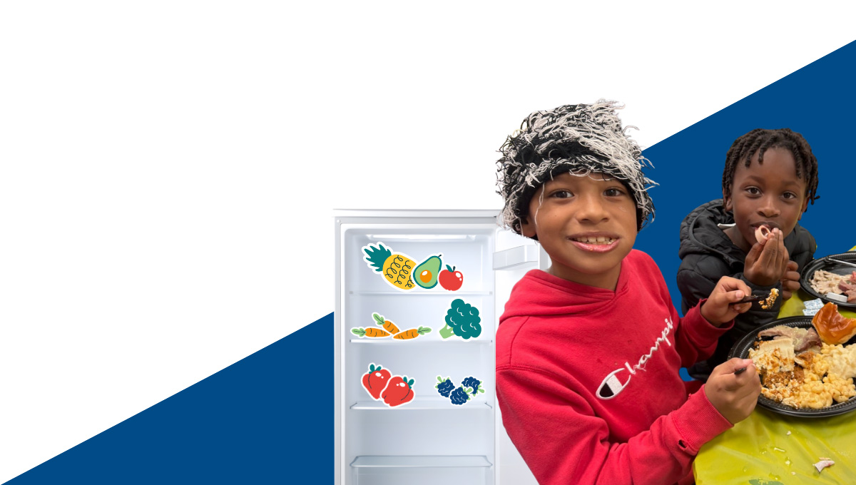 Maytag Open the Door image with kids eating in front of open cartoon refrigerator